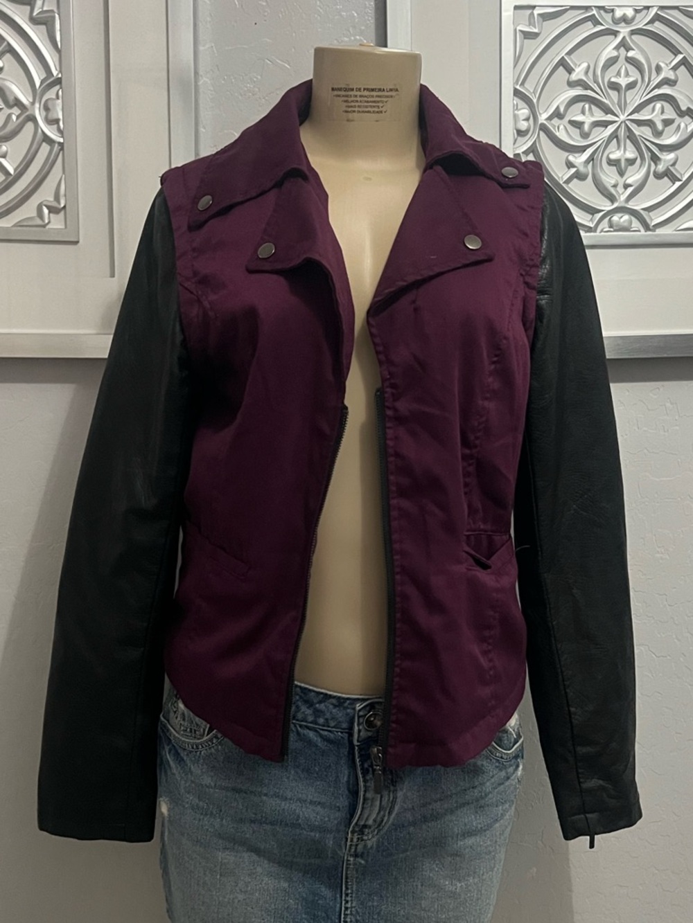 Yoki Women's Plum Body Black Sleeve Moto Jacket